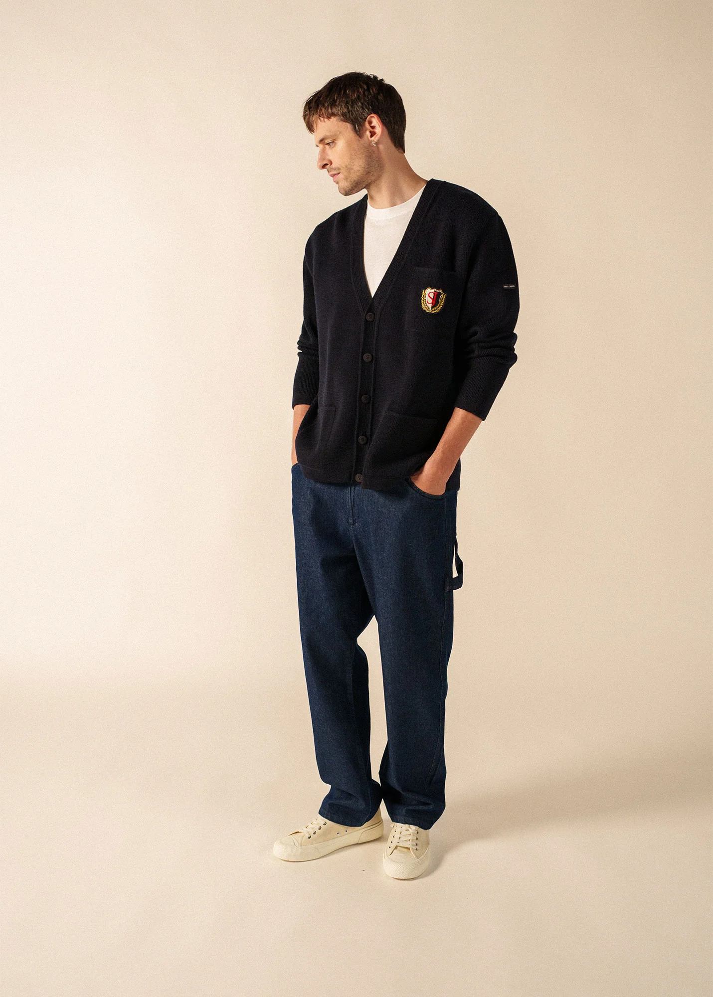 Cardigan en laine Yachting Réédit - à blason brodé poitrine (NAVY)