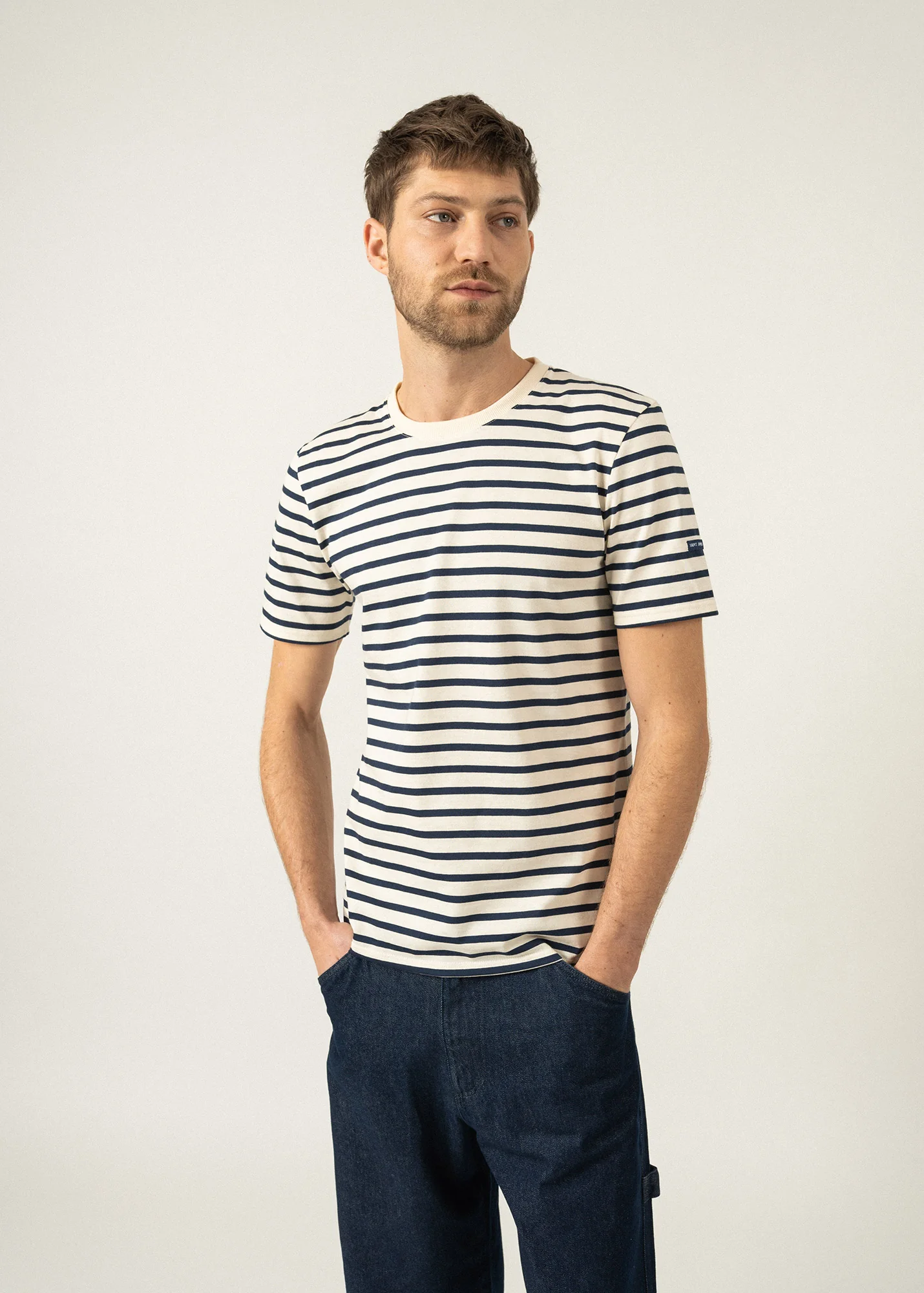 T-shirt marinière Plouider - à manches courtes, en coton léger (ECRU/MARINE) - Image 3